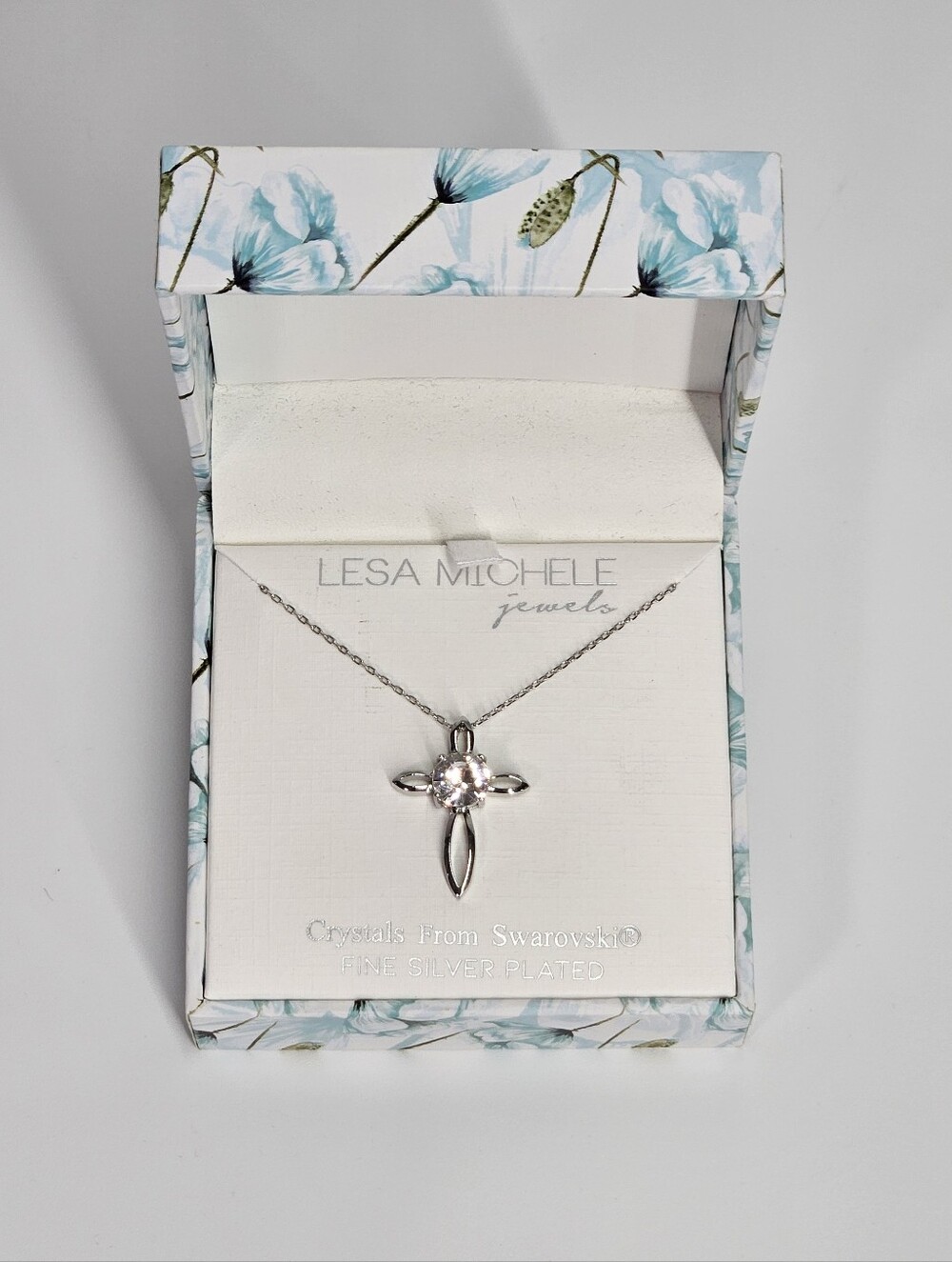 Lesa Michele 18" Necklace Cross Swarvoski Crystal Silver Plated Christian Jesus